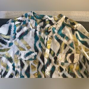 Maurices Teal Green Yellow Abstract Print Button-Front Blouse